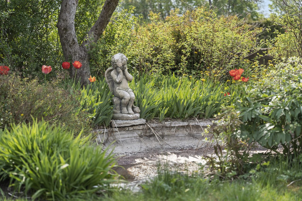 Mysig damm med vackra planteringar kring.