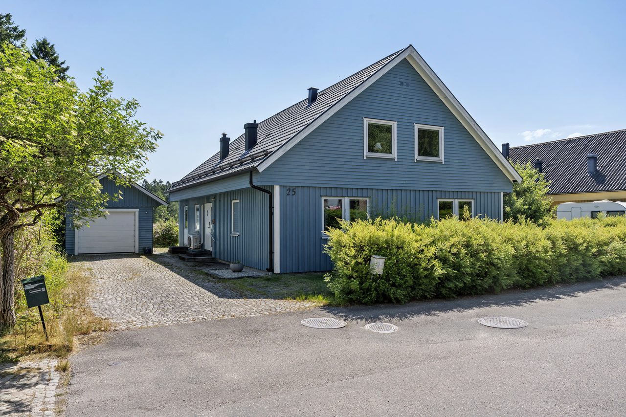 Grönskande tomt med högt läge och rymligt garage.