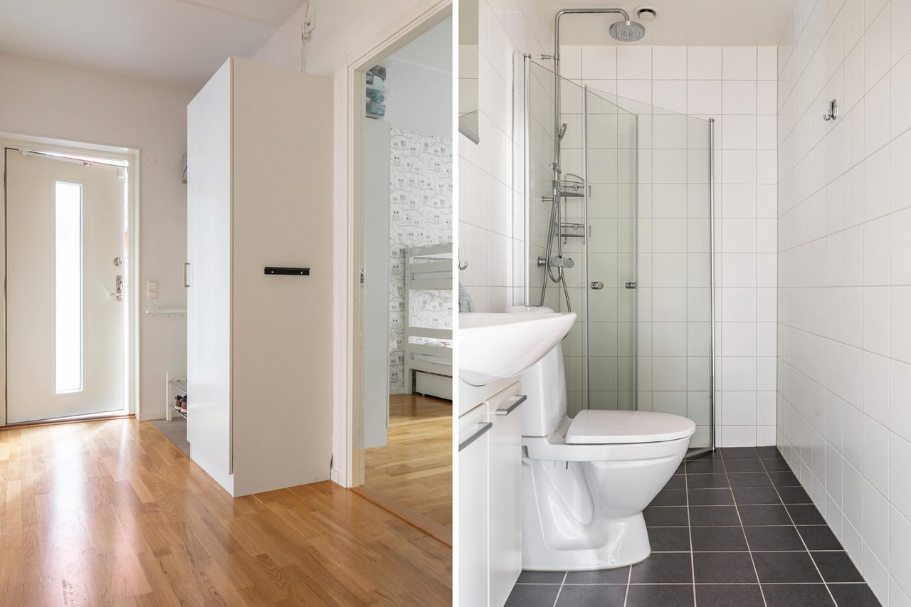 Hall med garderob och anslutning till badrum 2 med dusch