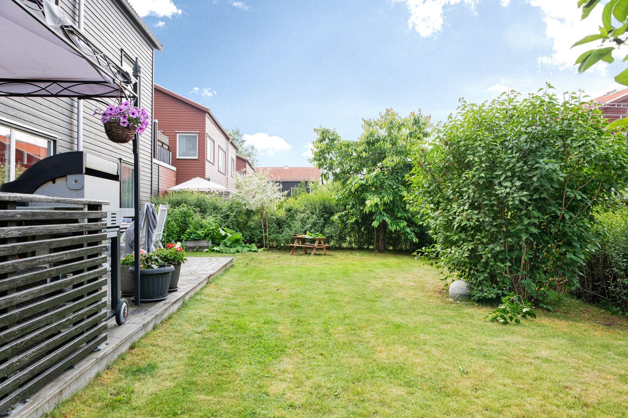 Stor tillhörande tomt med fruktträd, bärbuskar och andra planteringar