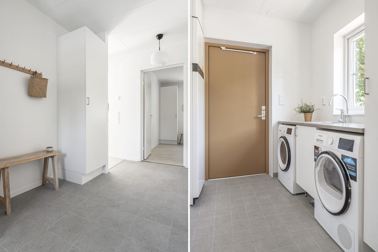 Via hallen når man även den separat tvättstugan med groventré