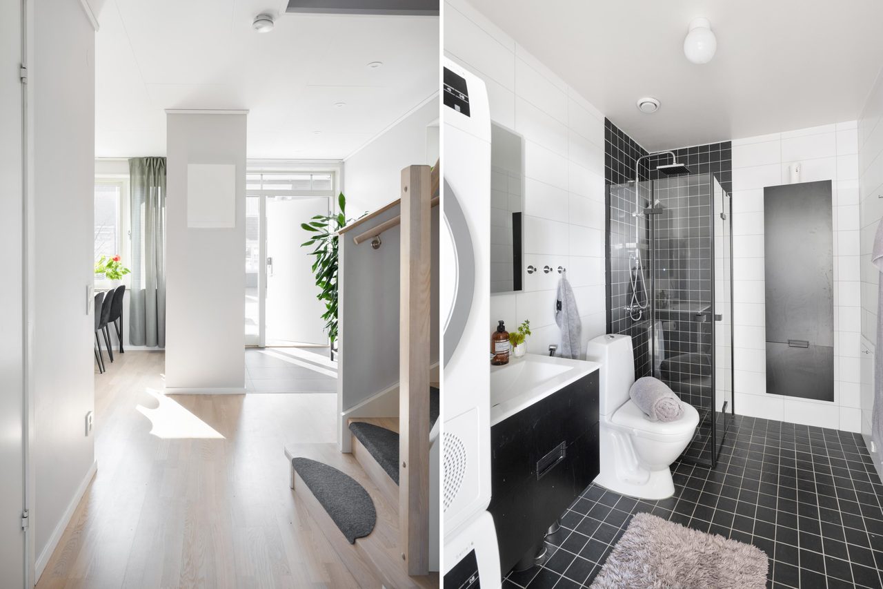 Ljus och rymlig hall med anslutning till duschrum