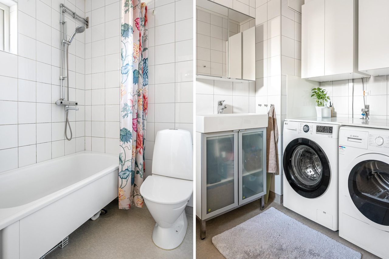 Fräscht badrum med badkar och tvättdel