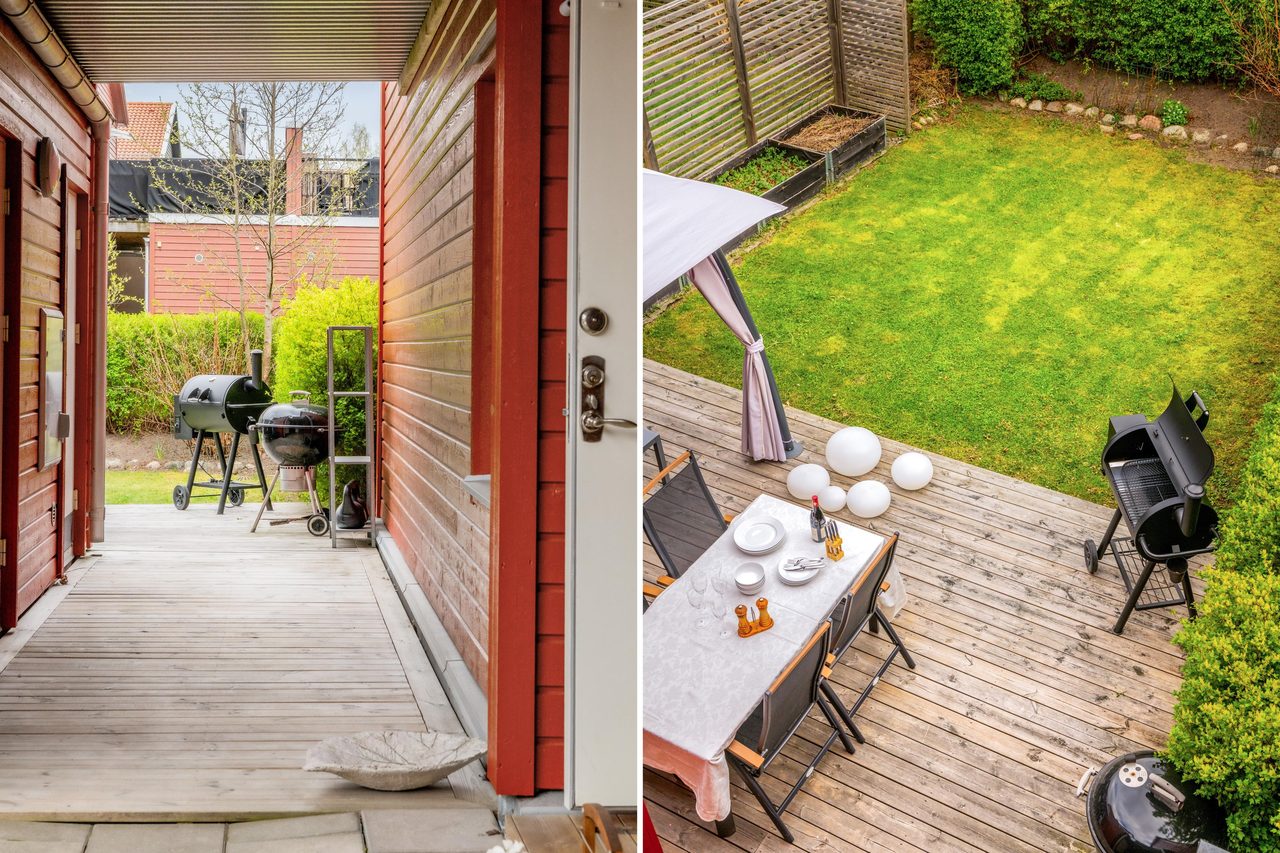 Radhuskänsla med två uteplatser att avnjuta solen på från morgon till kväll