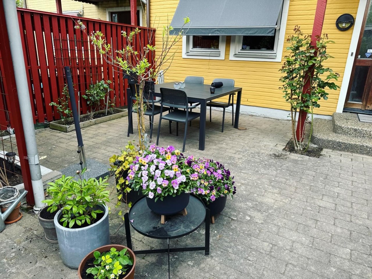 Trivsam stenlagd uteplats på framsidan
