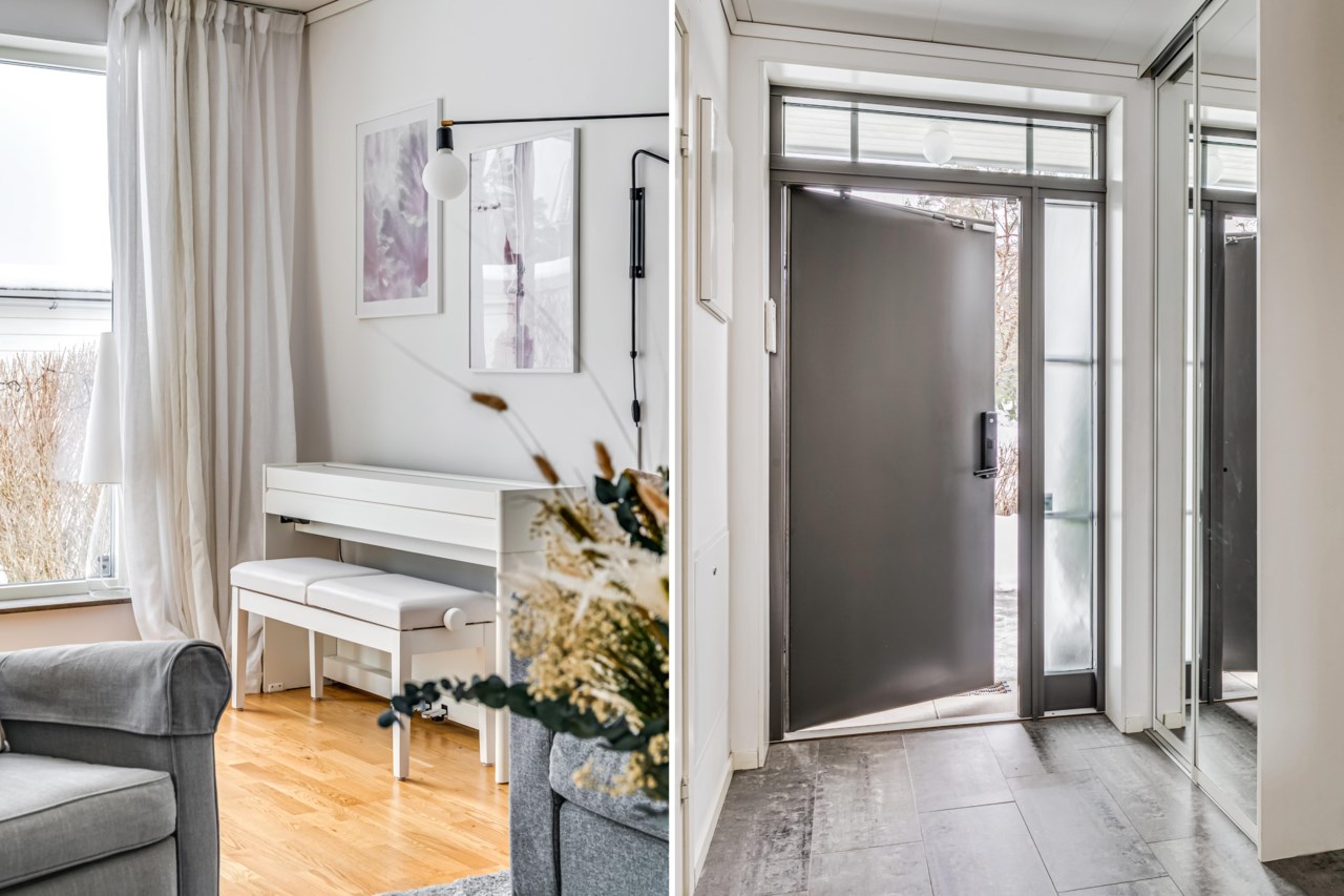 Hall på entréplan med skjutdörrsgarderob och blick in mot vardagsummet