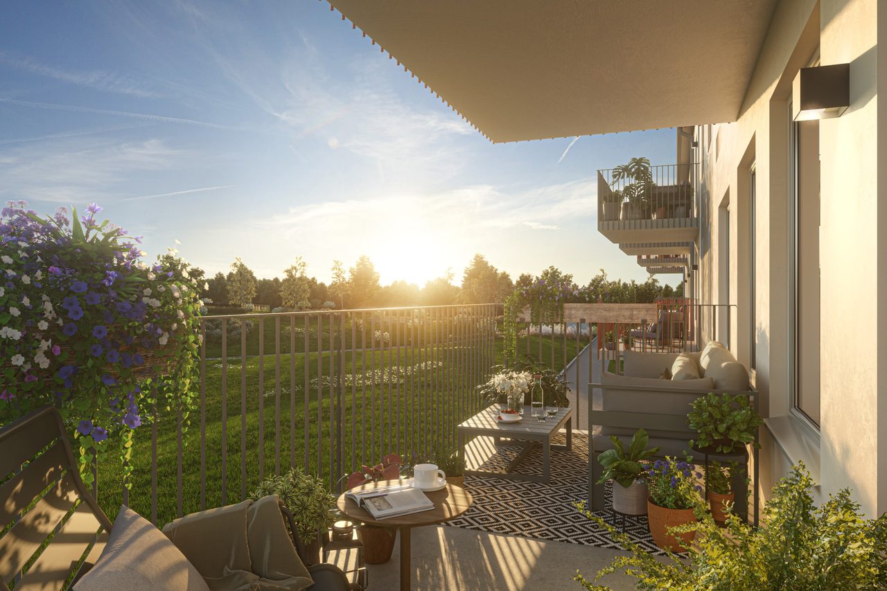 Grönskade vy mot park från balkong (visionsbild)